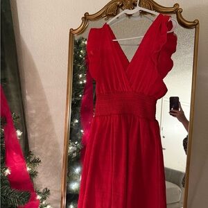 Chic Red Midi Dress with Ruffled Sleeves